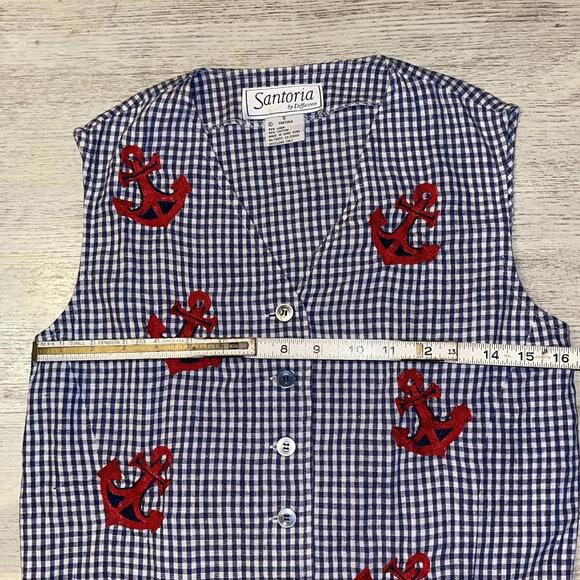 EUC Vintage 90s Santoria Blue Gingham Anchor Embroidered Cotton Linen Vest Small - Picture 5 of 5
